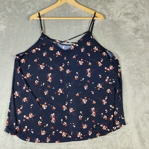 Kaileigh Tank Top Womens 2X Navy Blue Floral Felda Lattice‎ Back Detail Knit
